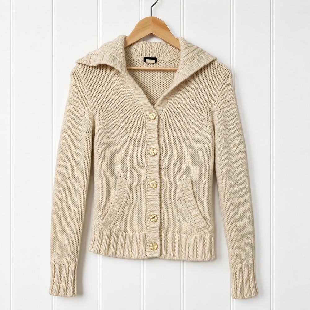 J.Crew Black Label Cardigan Button Up Beige Knit Front Pockets Size Small